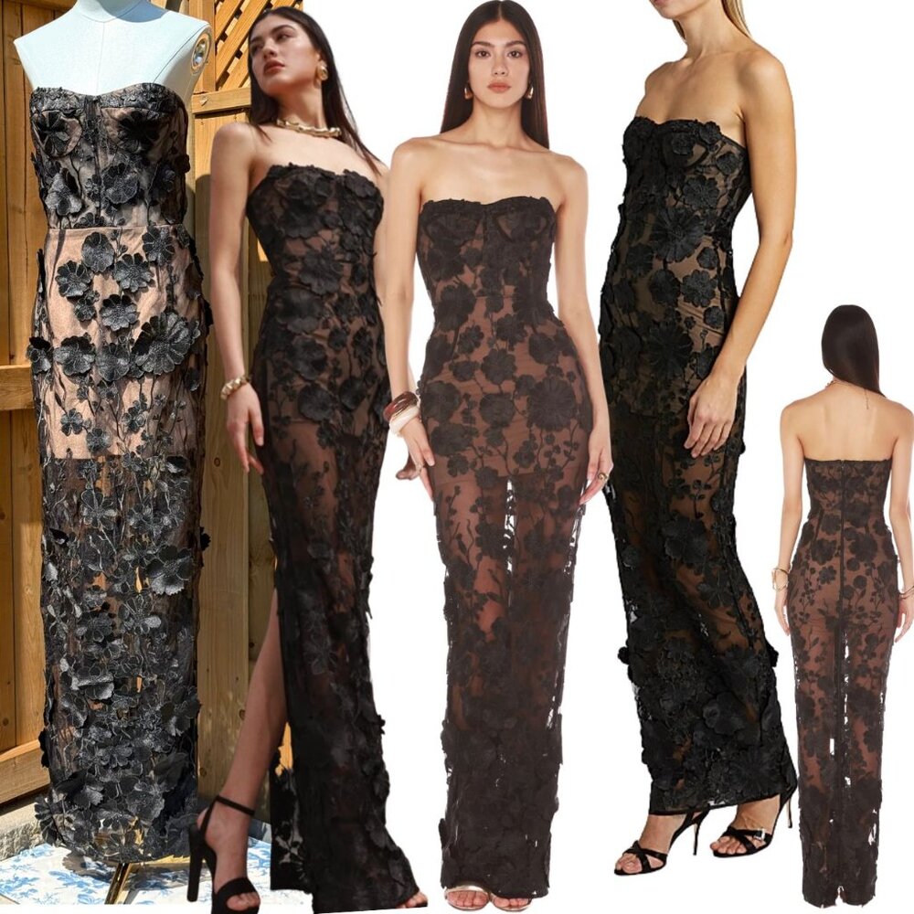 🆕 BRONX & BANCO 🧿 NWOT Jasmine Noir Floral Embroidered Maxi Dress, Sz M US 6